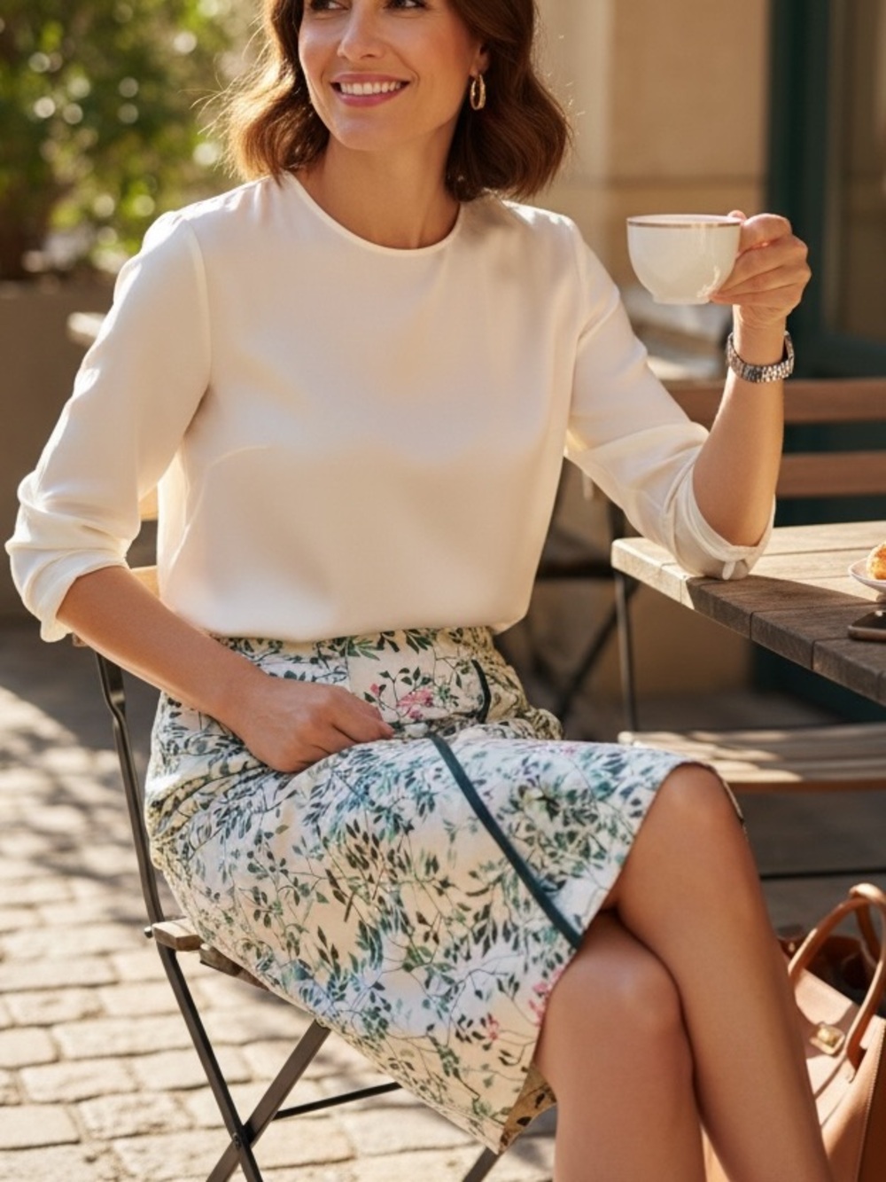 Diane Von Furstenberg Cream A-Line Skirt with Green Leaf Print and Pink Accents